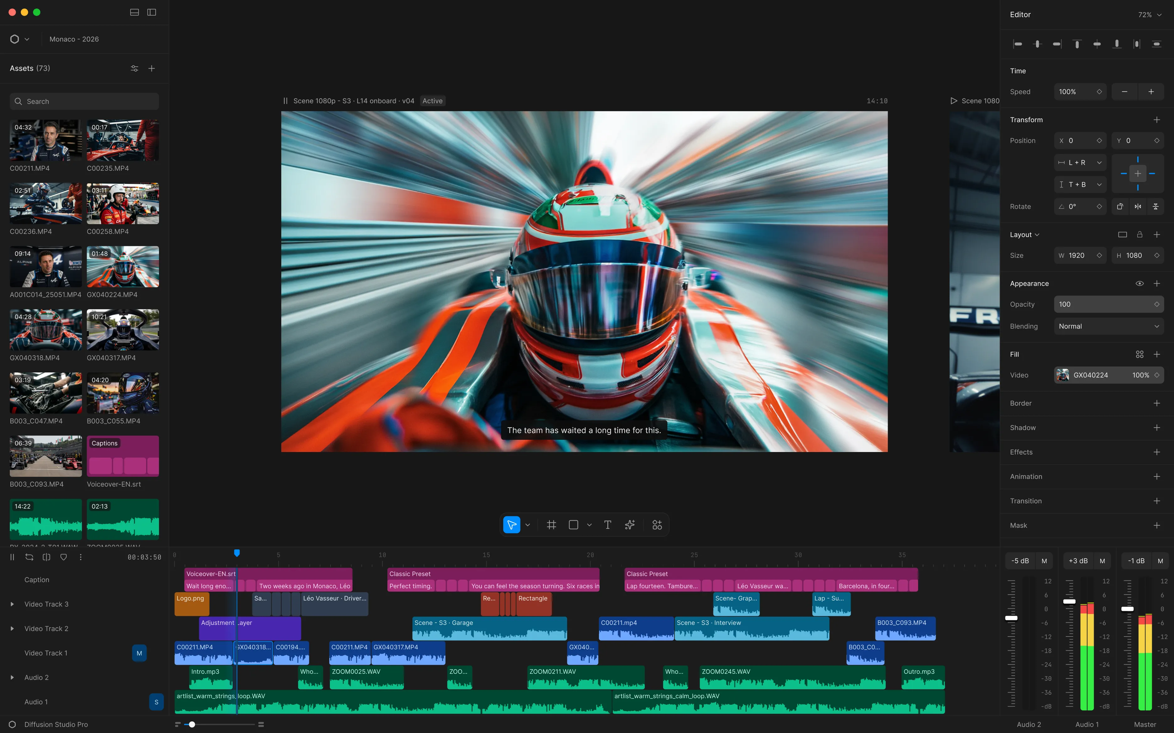 The goframe editor: asset library, live preview with captions, inspector, and a multitrack timeline